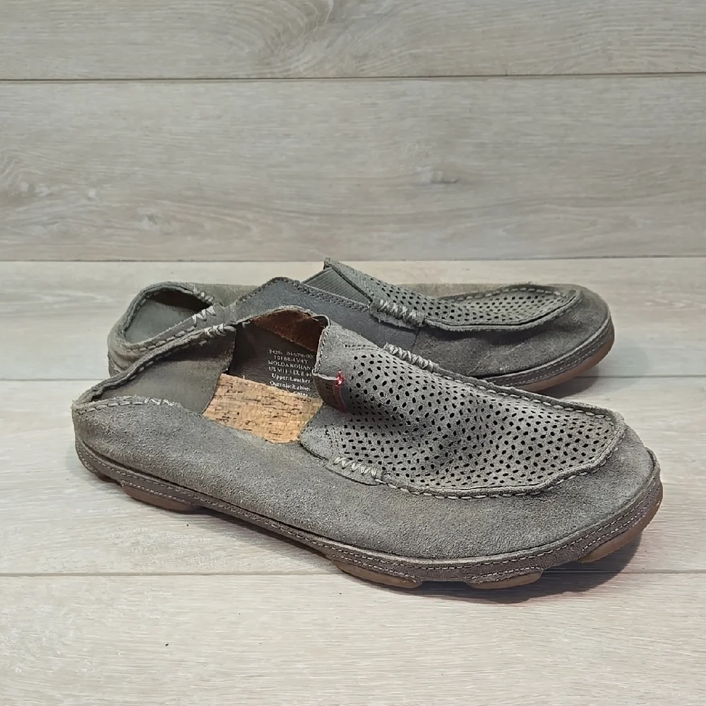 Olukai Men's Moloa Kohana Leather Gray Loafers Slip On Shoes Sz 11.5